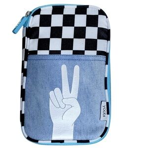 Yoobi Peace Sign Denim Checkerboard Organizer Pencil Case 7 Pocket Zip Around